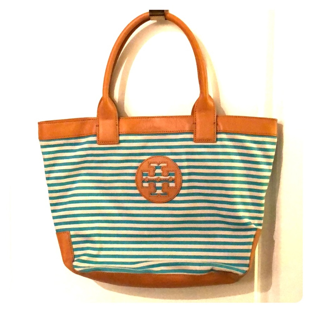 Tory Burch teal and white leather bag
